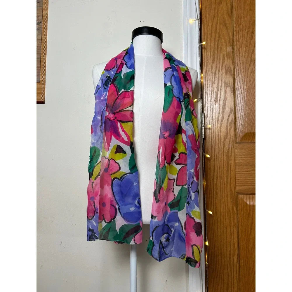Vibrant Floral‎ Print Lightweight Sheer Scarf Multicolor Elegant Retro Spring